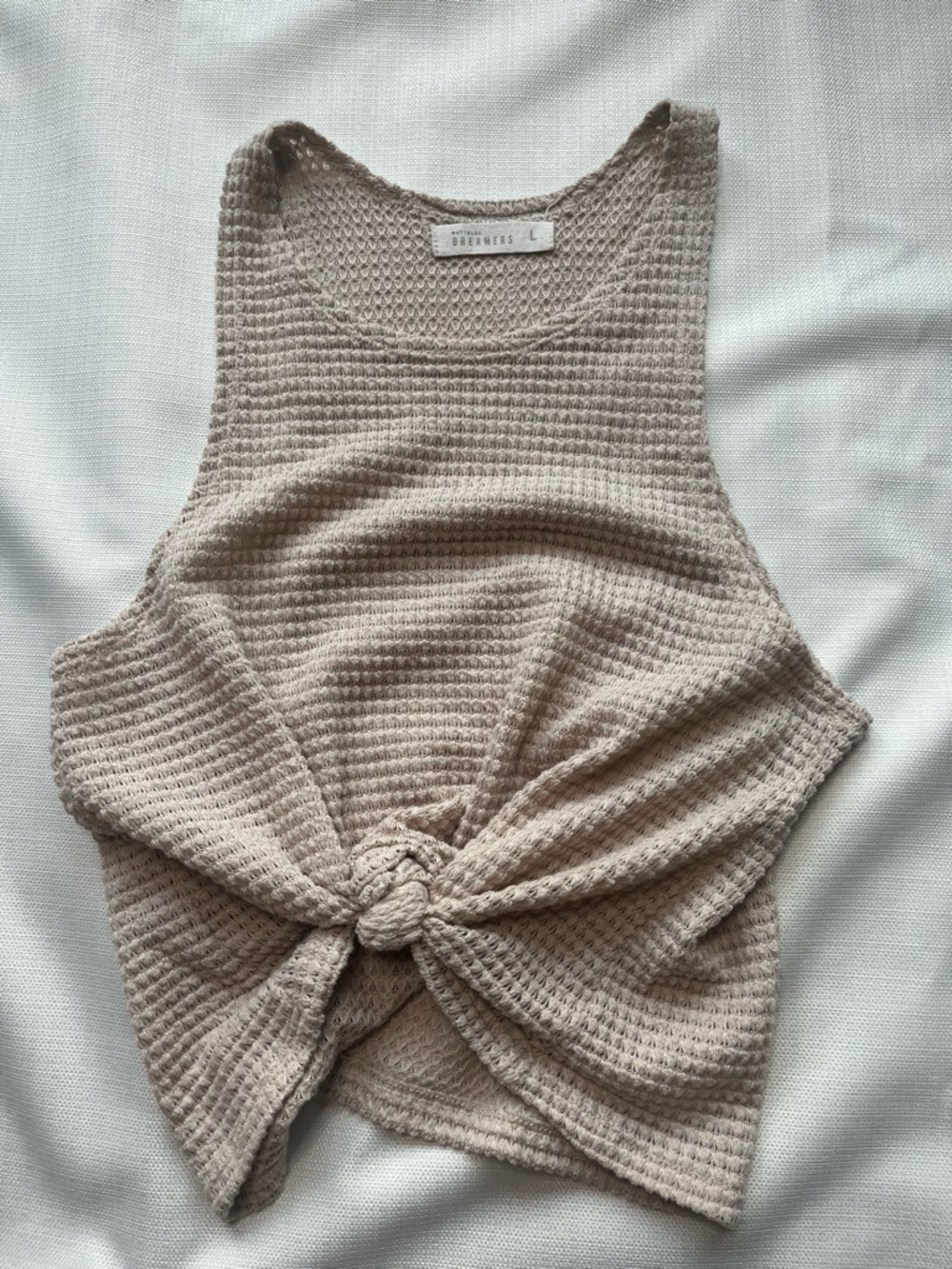 Mattelsa Tank - Women’s Large Beige - Waffle Knit Top Knotted Beachy Boho